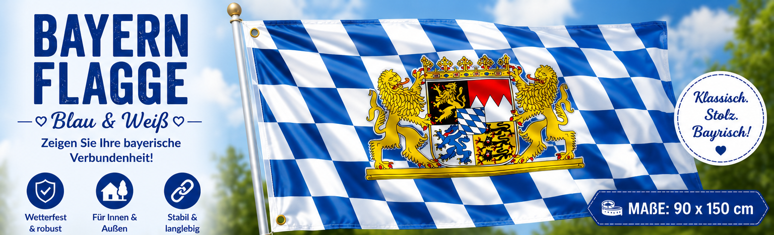 Bayern Fahne in Blau-Wei&szlig; mit klassischem Bayern-Wappen